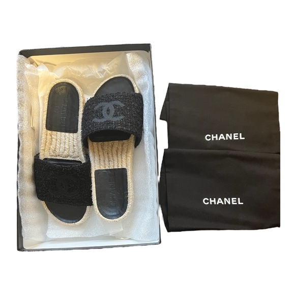Chanel Interlocking CC Espadrille Tweed and Grosgrain Black Slide Sandal size 35 - Picture 2 of 16